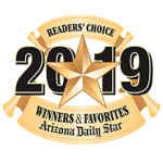 A gold star with the words " readers choice 2 0 1 9 winners & favorites arizona daily star ".