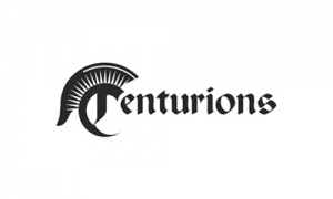 A black and white image of the word centurions.